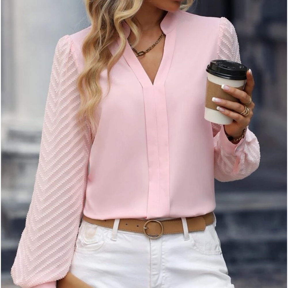 New pink notched neck long sleeve blouse - Picture 1 of 8